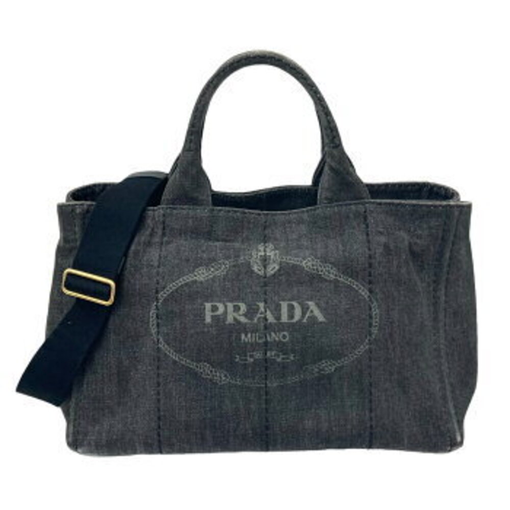 PRADA Canapa Tote Bag Shoulder Handbag Black Denim